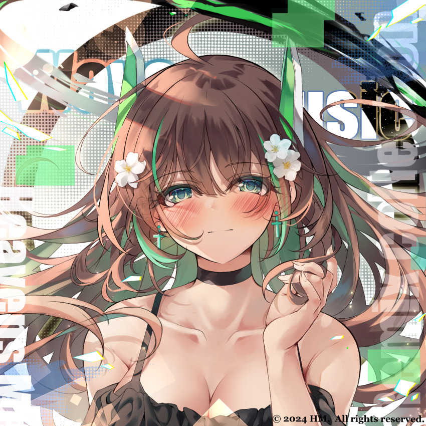 album_cover angel black_choker black_dress blush breasts brown_hair choker cleavage collarbone cover cross dress earrings eyes_visible_through_hair flower gradient_hair green_eyes green_hair hair_between_eyes hair_flowing_over half-closed_eyes halo heaven&#039;s_melody highres horns jewelry kyokko large_breasts looking_at_viewer multicolored_hair original playing_with_hair text_background white_flower white_horns