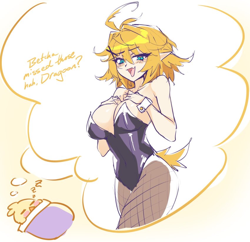 1girl :d alternate_breast_size antenna_hair bare_arms bare_shoulders black_leotard blonde_hair blue_eyes breasts commentary dokibird_(vtuber) dragoon_(dokibird) dreaming english_commentary english_text eyes_visible_through_hair fangs fishnet_pantyhose fishnets hair_between_eyes hair_ornament hands_on_own_chest highres imagining indie_virtual_youtuber large_breasts leotard looking_at_viewer medium_hair open_mouth pantyhose ricegnat simple_background sketch skin_fangs sleeping smile solo tail virtual_youtuber wrist_cuffs x_hair_ornament zzz