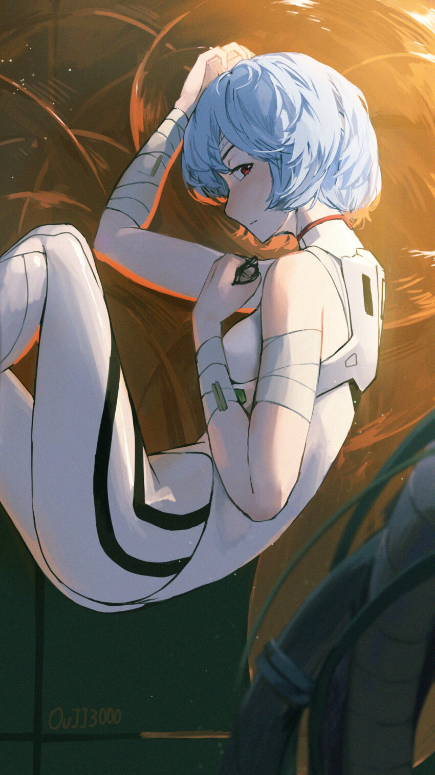 1girl absurdres arms_up artist_name ayanami_rei bandaged_arm bandaged_head bandages bare_shoulders blue_hair blush bodysuit breasts closed_mouth commentary curled_up expressionless feet_out_of_frame fetal_position film_grain floating from_side glasses hand_on_own_chest hands_on_own_head highres holding holding_removed_eyewear hose knees_up lcl light_blush light_particles looking_at_viewer mecha_pilot_suit medium_breasts neon_genesis_evangelion nose_blush plugsuit_(evangelion) red_eyes short_hair side-eyed signature sleeveless solo unworn_eyewear user_puhn7342 white_bodysuit