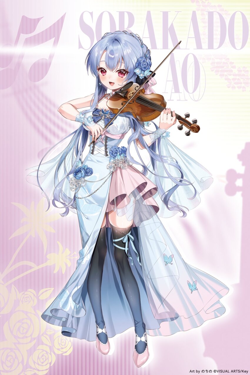 1girl artist_request black_thighhighs blue_dress blue_hair blush braid breasts character_name crown_braid dress flower full_body hair_flower hair_ornament highres holding holding_instrument holding_violin instrument long_hair medium_breasts official_alternate_costume official_art open_mouth red_eyes sidelocks smile solo sorakado_ao summer_pockets thighhighs violin