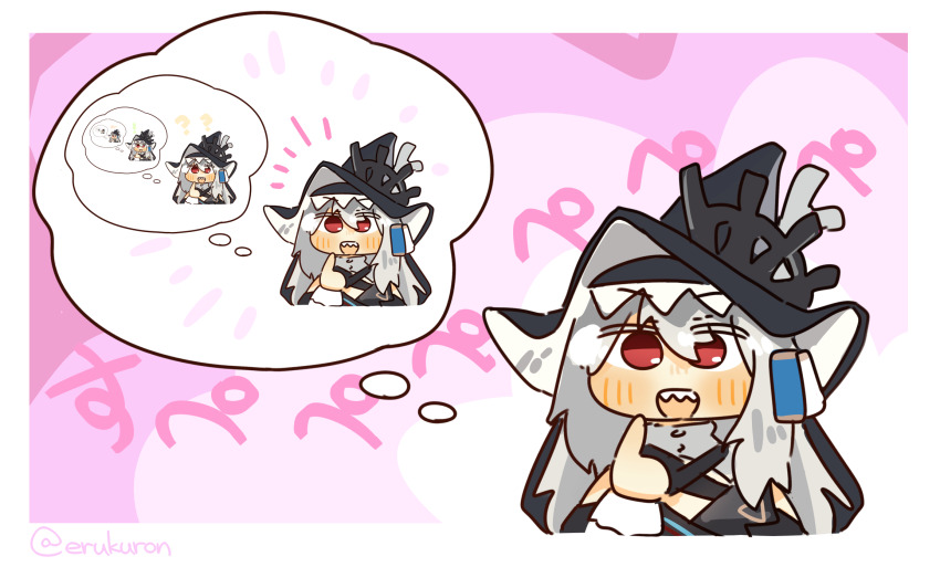 1girl arknights black_dress black_veil chibi dress grey_eyes hat highres lcron pointing pointing_at_self recursion red_eyes sharp_teeth solo specter_(arknights) teeth thinking veil witch_hat