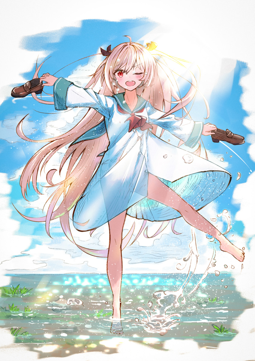 1girl ;d absurdres ahoge ascot atri atri-my_dear_moments- barefoot black_bow blue_sailor_collar blue_sky blush bow brown_hair buttons cloud commentary_request day dress floating_hair full_body hair_between_eyes hair_bow hair_intakes happy highres holding holding_shoes loafers long_hair long_sleeves looking_at_viewer ocean one_eye_closed open_mouth outdoors outstretched_arms pokemongundam red_ascot red_eyes sailor_collar sailor_dress see-through_clothes see-through_dress shoes short_dress sky smile solo splashing standing standing_on_one_leg sunlight teeth two_side_up upper_teeth_only very_long_hair water water_drop white_dress wide_sleeves