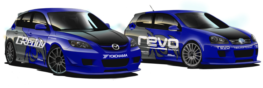 andy_blackmore blue_car car commentary concept_art english_commentary highres mazda mazda_3 motor_vehicle need_for_speed need_for_speed:_carbon no_humans official_art production_art radio_antenna shadow vehicle_focus volkswagen volkswagen_golf white_background yokohama_tire