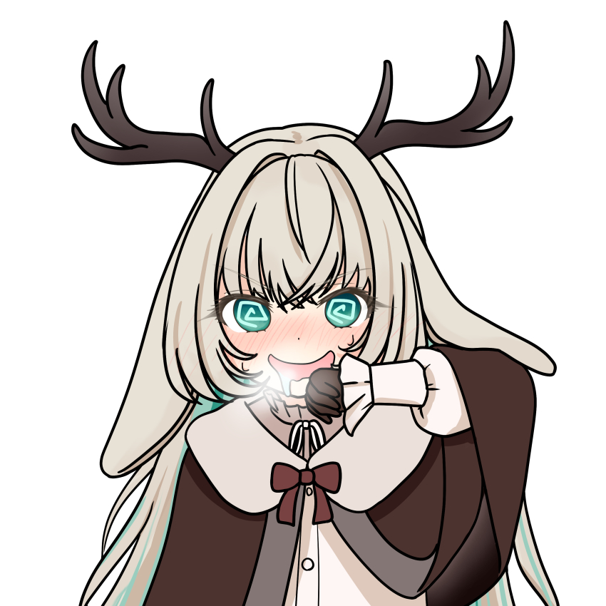 1girl @_@ absurdres animal_ears antlers black_horns blue_eyes blue_hair blush bow bowtie brown_bow brown_bowtie brown_cape brown_gloves cape colored_inner_hair commentary_request cuore_0624 drooling floppy_ears gloves grey_hair hair_intakes highres horns jackalope_girl long_hair looking_at_viewer multicolored_hair nanashi_inc. nose_blush open_mouth rabbit_ears shirt simple_background smile solo tsukinoki_tirol v-shaped_eyebrows virtual_youtuber white_background white_shirt