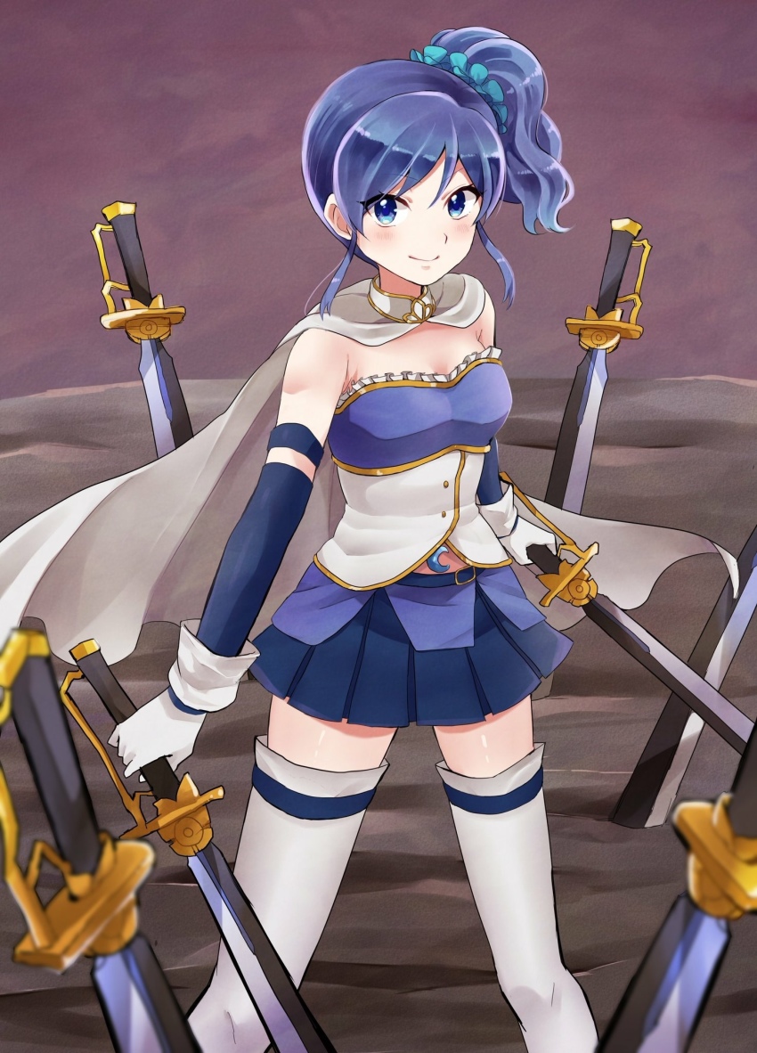 1girl aikatsu! aikatsu!_(series) blue_eyes blue_hair blue_scrunchie blue_skirt blue_sleeves blush boots breasts cape cleavage closed_mouth cosplay detached_sleeves dual_wielding gloves grey_cape hair_ornament hair_scrunchie high_side_ponytail highres holding holding_sword holding_weapon kiriya_aoi long_hair long_sleeves mahou_shoujo_madoka_magica mahou_shoujo_madoka_magica_(anime) midriff miki_sayaka miki_sayaka_(cosplay) miki_sayaka_(magical_girl) miniskirt outdoors planted planted_sword planted_weapon pleated_skirt scrunchie side_ponytail skirt small_breasts smile solo standing strapless sword thigh_boots thighhighs uogashi_sorato weapon white_boots white_gloves zettai_ryouiki