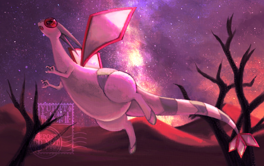 animal_focus artist_name bare_tree black_eyes claws desert dragon fang flygon flying from_side full_body gen_3_pokemon hands_up looking_up night nintendo no_humans open_mouth outdoors pokemon pokemon_(creature) purple_sky sky solo star_(sky) starry_sky tree watermark yuhata_(yuh4t4)