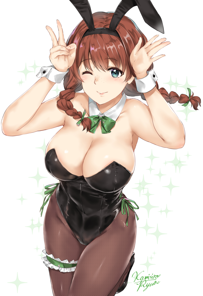 1girl ;) animal_ears aqua_eyes arms_up artist_name bare_shoulders black_hairband black_leotard black_shoes blush bow bowtie braid breasts brown_hair brown_pantyhose cleavage closed_mouth collarbone commentary_request covered_erect_nipples cowboy_shot detached_collar emma_verde fake_animal_ears fishnet_pantyhose fishnets freckles frilled_thigh_strap green_bow green_bowtie groin hairband highres kamishiro_ryuu large_breasts leg_up leotard long_hair looking_at_viewer love_live! love_live!_nijigasaki_high_school_idol_club low_twintails one_eye_closed pantyhose playboy_bunny rabbit_ears rabbit_pose shoes side-tie_leotard smile solo sparkle_background standing standing_on_one_leg strapless strapless_leotard thigh_strap twin_braids twintails v white_background wrist_cuffs