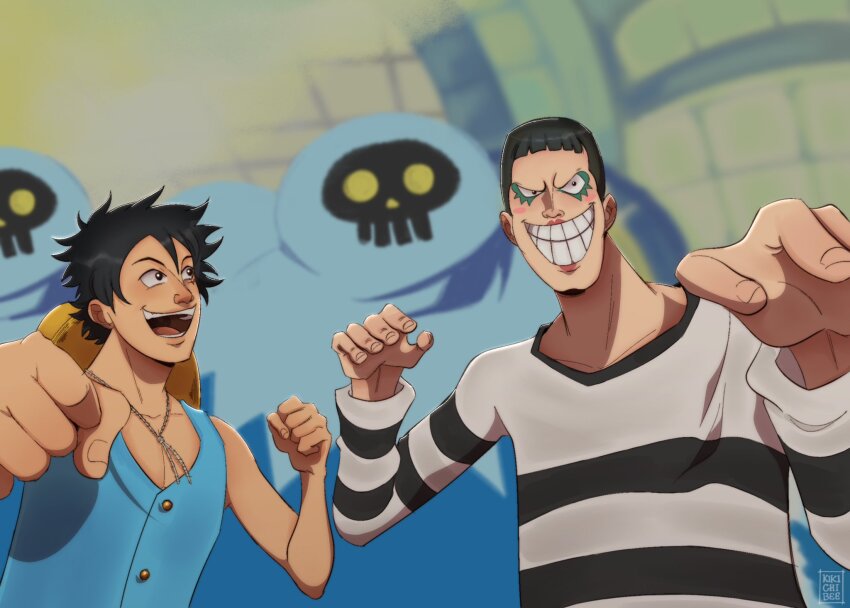 2boys 2others black_hair blue_shirt blugori bon_clay clenched_hands commentary english_commentary hat highres kikichibee long_sleeves looking_at_another makeup monkey_d._luffy multiple_boys multiple_others one_piece open_mouth prison_clothes shirt short_hair sleeveless sleeveless_shirt smile straw_hat upper_body