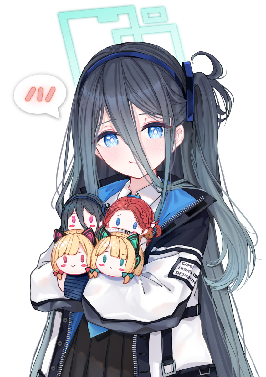 1girl aris_(blue_archive) black_skirt blue_archive blue_eyes blue_hairband blush bright_pupils character_doll closed_mouth collared_shirt commentary_request game_development_department_(blue_archive) green_halo grey_hair hair_between_eyes hairband halo highres hugging_doll hugging_object jacket long_hair long_sleeves looking_at_viewer maki_(blue_archive) midori_(blue_archive) momoiro_lettuce one_side_up pleated_skirt sarasadou_dan shirt simple_background skirt smile spoken_blush upper_body white_background white_jacket white_shirt zipper