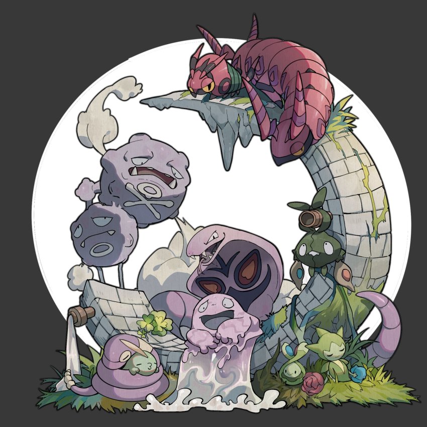 arbok border budew bug clover commentary ekans four-leaf_clover gen_1_pokemon gen_3_pokemon gen_4_pokemon gen_5_pokemon grass grey_border grimer gulpin highres industrial_pipe lanjiujiu moss nintendo no_humans pokemon pokemon_(creature) roselia_(pokemon) scolipede snake trubbish venipede water weezing white_background