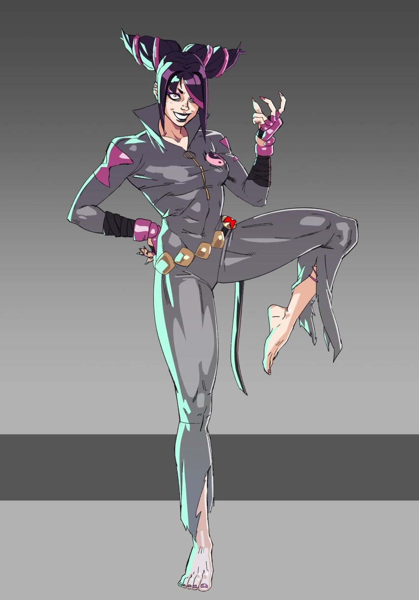1girl barefoot black_hair black_lips black_widow bodysuit bow breasts diepod eyeliner fingerless_gloves gloves grey_background grey_bow grin hair_horns han_juri highres makeup marvel padded_gloves purple_eyeliner simple_background smile street_fighter street_fighter_6 torn_clothes