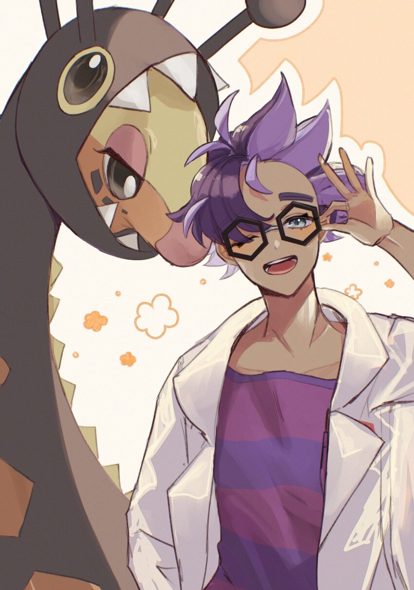 1boy ;d absurdres adjusting_eyewear black-framed_eyewear coat commentary_request dark-skinned_male dark_skin farigiraf glasses hand_up highres jacq_(pokemon) male_focus nintendo one_eye_closed open_mouth pokemon pokemon_(creature) pokemon_sv purple_hair purple_shirt shirt short_hair smile ssn_(sasa8u9r) striped_clothes striped_shirt teeth tongue white_coat