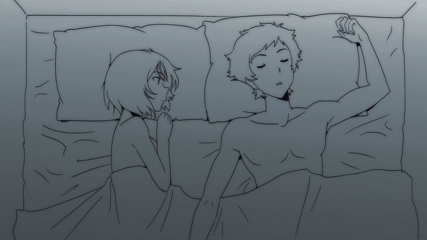 couple digimon highres himekawa_maki looking_at_another nishijima_daigo pillow short_hair sleeping