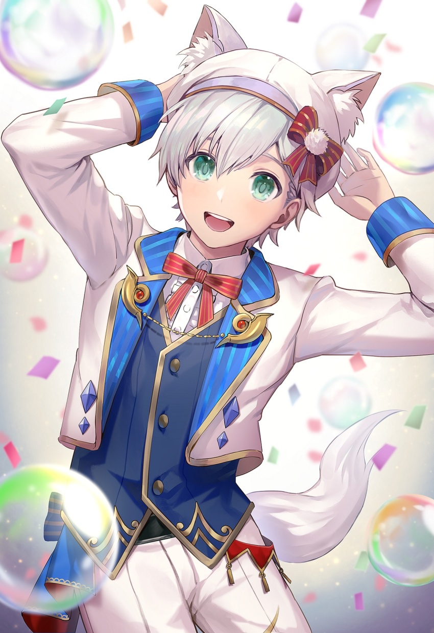 1boy :d animal_ears belt bow bubble chain confetti gloves green_eyes hair_bow hand_to_head highres looking_at_viewer namco open_mouth penguu_(green528) ruca_milda short_hair smile solo tail tales_of_(series) tales_of_innocence tales_of_the_rays twisted_torso uniform