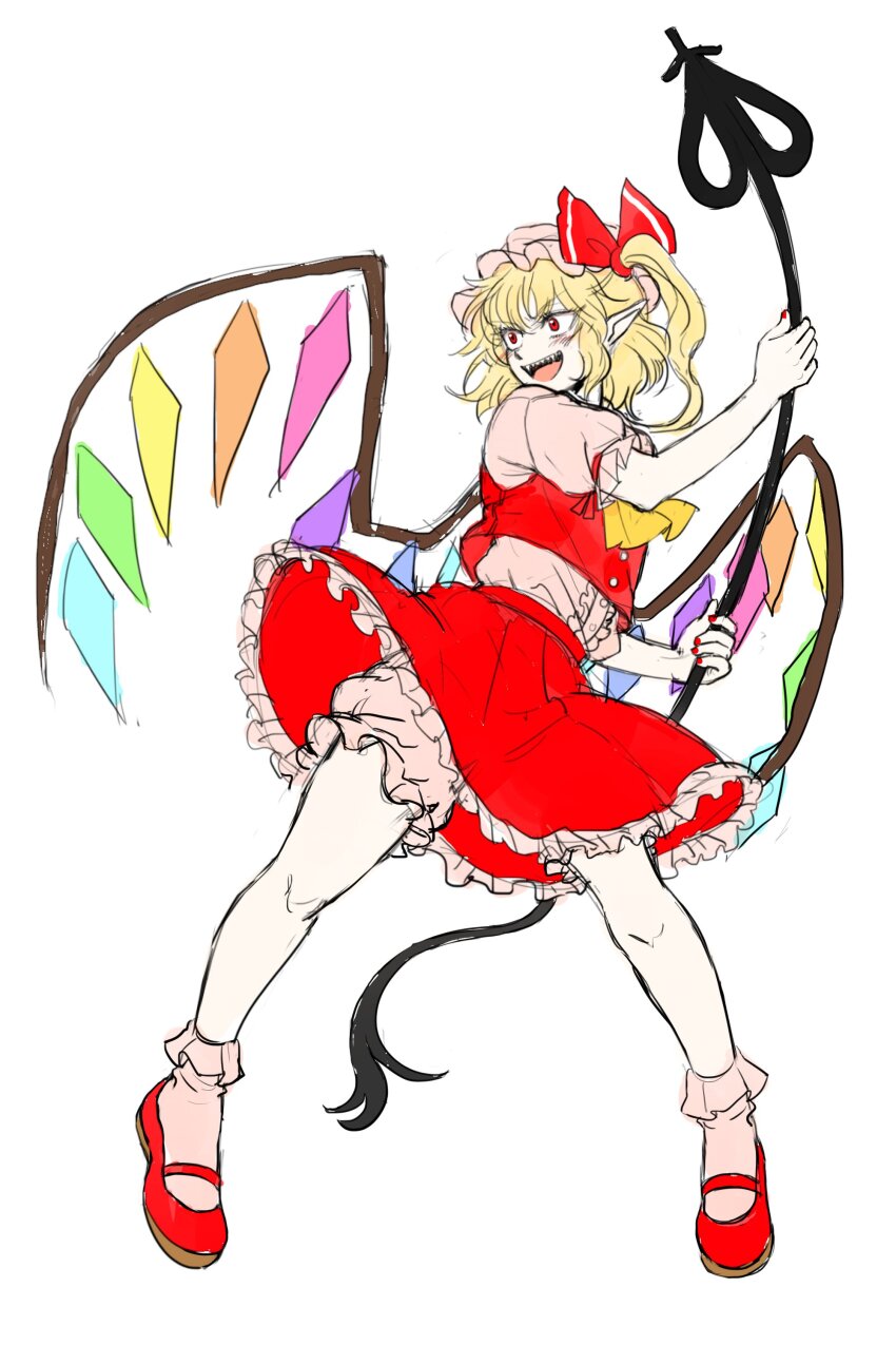 1girl :d absurdres ascot blonde_hair bloomers commentary_request crystal_wings flandre_scarlet frilled_skirt frills full_body hat highres korean_commentary kuya_(hey36253625) laevatein_(touhou) mob_cap multicolored_wings one_side_up open_mouth pink_hat pink_shirt pink_socks pointy_ears rainbow_order red_eyes red_shoes red_skirt red_vest shirt shoes short_hair short_sleeves simple_background skirt smile socks solo teeth touhou underwear upper_teeth_only vest white_background wings yellow_ascot