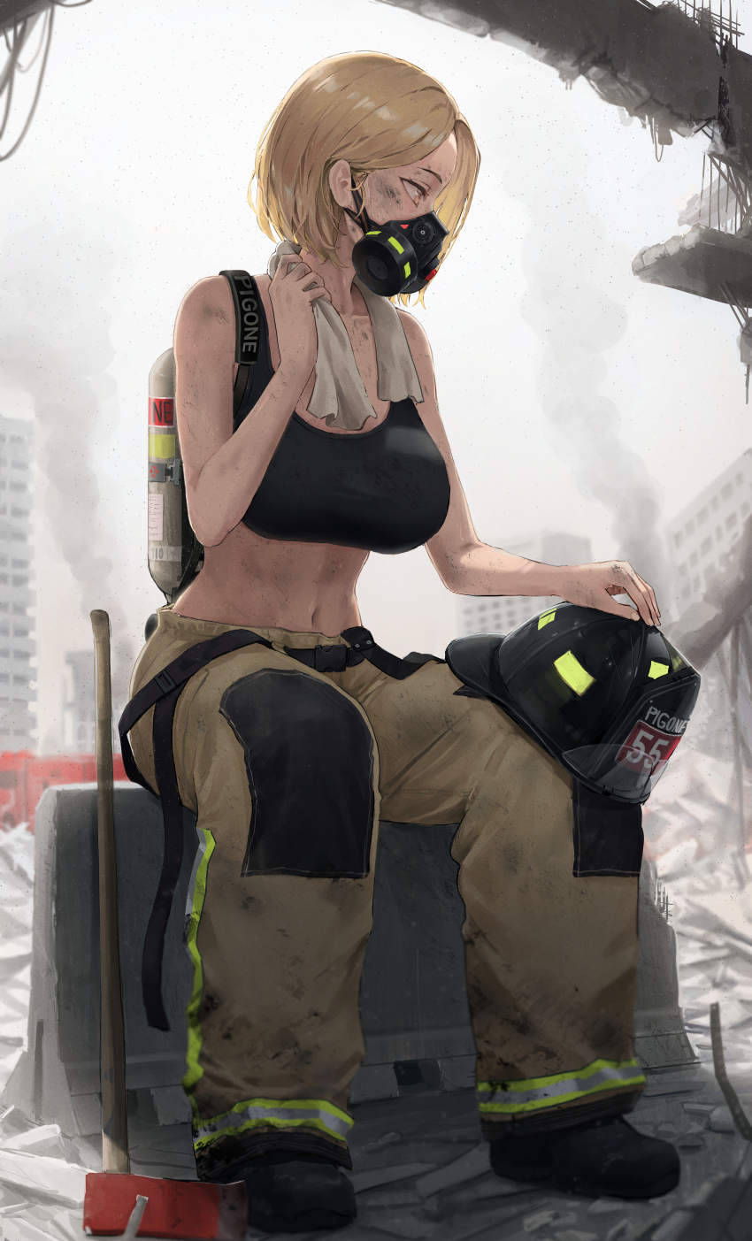 1girl absurdres artist_name axe bare_shoulders black_boots black_sports_bra blonde_hair boots breasts brown_pants building city cleavage collarbone commentary dirty dirty_clothes dirty_face english_commentary fire_axe fire_helmet fire_truck firefighter full_body gas_mask hair_behind_ear helmet high-visibility_clothing high-visibility_pants highres holding holding_towel large_breasts looking_to_the_side mask midriff motor_vehicle navel no_jacket original outdoors oxygen_tank pants pigone respirator roadblock rubble ruins short_hair sidelocks sitting skyscraper smoke solo sports_bra towel towel_around_neck truck unworn_headwear unworn_helmet yellow_eyes