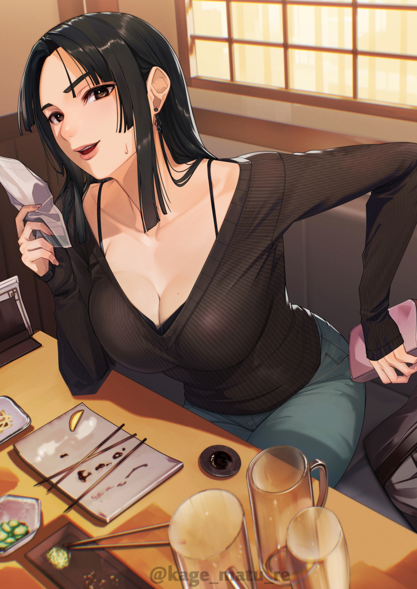 1girl absurdres bag black_hair blunt_ends booth_seating bra_strap breasts brown_eyes chopsticks cleavage collarbone cup denim drinking_glass earrings elbow_on_table elbow_rest fingernails food handbag highres holding holding_wallet indoors jeans jewelry kagematsuri large_breasts lips long_fingernails long_hair long_sleeves looking_at_viewer mature_female mole mole_on_breast open_mouth original pants parted_bangs plate restaurant ribbed_sweater shirt sitting smile solo soy_sauce straight_hair sweat sweater table teeth tray twitter_username upper_teeth_only wallet