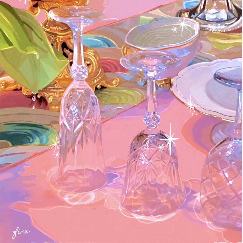 artist_name commentary cup drinking_glass english_commentary fine_9725 highres no_humans object_focus original saucer still_life teacup wine_glass