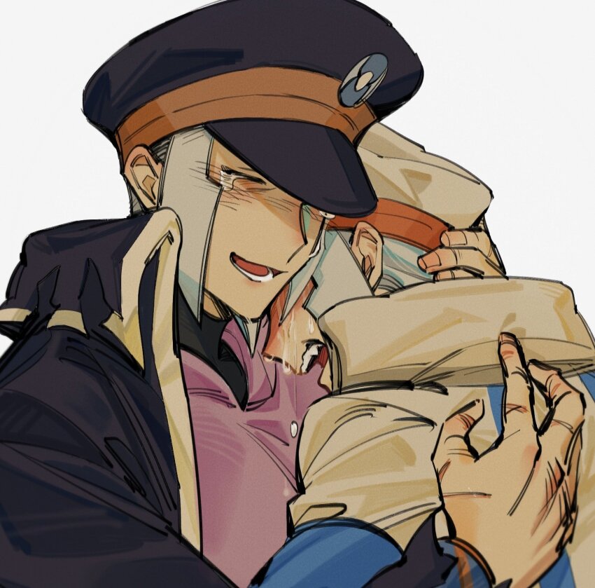 2boys black_hat brothers coat commentary_request crying emiya_izumi emmet_(pokemon) grey_hair hand_on_another&#039;s_back hand_on_another&#039;s_head hat high_collar highres ingo_(pokemon) lower_teeth_only male_focus multiple_boys nintendo pearl_clan_outfit pokemon pokemon_bw pokemon_legends:_arceus scar scar_on_hand siblings sideburns simple_background streaming_tears tears teeth torn_clothes torn_coat twins upper_body upper_teeth_only white_background white_coat white_hat wing_collar