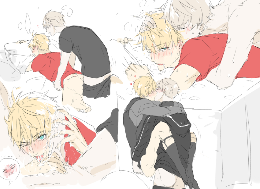 2boys after_fellatio anal arthur_pendragon_(fate) arthur_pendragon_alter_(fate) barefoot black_shirt black_socks black_vest blonde_hair blue_eyes blush closed_eyes commentary_request crying crying_with_eyes_open cum cum_in_mouth dual_persona fate/grand_order fate_(series) french_kiss from_behind garter_straps grey_hair grey_shirt hair_between_eyes hand_on_another&#039;s_head heart hug kiss leg_lock long_sleeves looking_at_another lying male_focus multiple_boys multiple_views no_shoes on_bed on_stomach one_eye_closed open_mouth penis pillow pillow_grab pvc_parfait red_shirt saliva selfcest sex shirt short_hair short_sleeves simple_background socks spread_legs standing sweat t-shirt tearing_up tears uncensored vest white_background yaoi