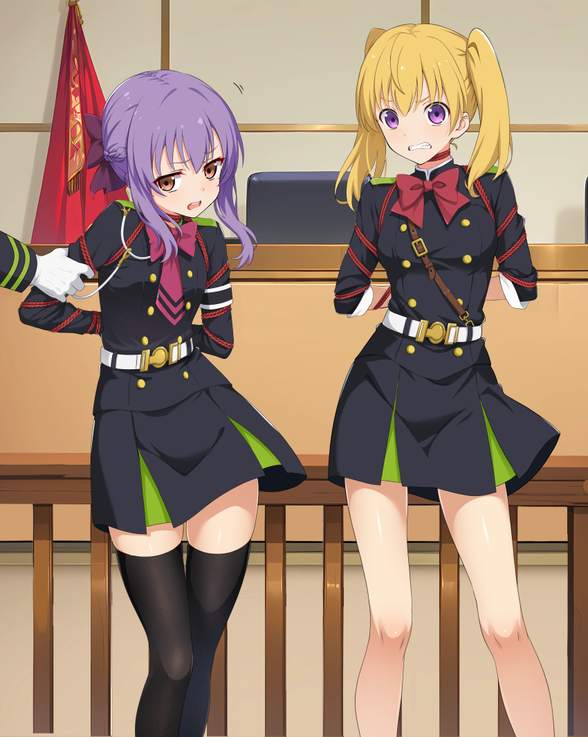 2girls absurdres arms_behind_back bdsm belt black_thighhighs blazer blonde_hair bondage bound braid braided_bun breasts brown_eyes clenched_teeth epaulettes hair_bun highres hiiragi_shinoa jacket long_hair meitoku multiple_girls open_mouth owari_no_seraph pleated_skirt purple_eyes purple_hair restrained sanguu_mitsuba shibari shibari_over_clothes skindentation skirt small_breasts standing teeth thigh_gap thighhighs twintails upper_teeth_only zettai_ryouiki