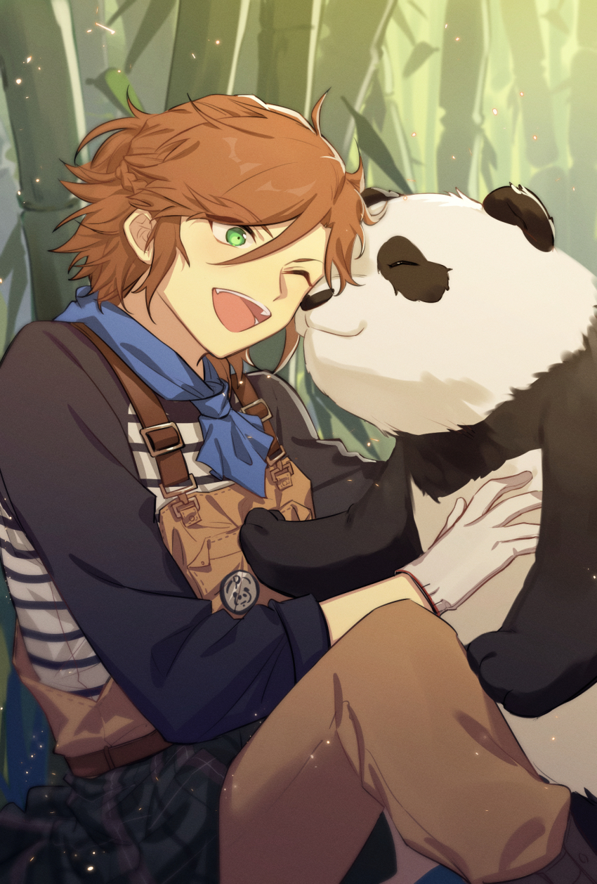 1boy ;d bamboo bamboo_forest bandana bandana_around_neck black_sweater blue_bandana brown_hair brown_pants chinese_commentary commentary_request ensemble_stars! feet_out_of_frame forest green_eyes green_skirt heads_together highres male_focus mikejima_madara nature one_eye_closed open_mouth outdoors panda pants plaid_clothes plaid_skirt pudding49500 short_hair sitting skirt smile solo sweater three-quarter_sleeves