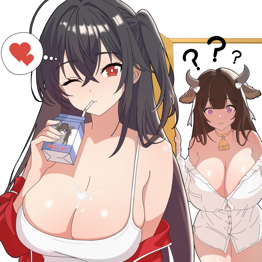 2girls ? ?? absurdres ahoge alternate_costume animal_ears azur_lane bandaid bandaid_on_head bare_shoulders bell bendy_straw black_hair blush bow breasts brown_hair button_gap buttons casual cleavage closed_mouth commentary cow_ears cow_girl cow_horns cow_tail cowbell door drinking drinking_straw english_commentary fingernails hand_up heart highres holding holding_milk_carton horns huge_breasts jacket kashino_(azur_lane) long_hair milk milk_carton multiple_girls off_shoulder one_eye_closed one_side_up open_door pink_eyes red_eyes red_jacket ribbon shirt simple_background skindentation spaghetti_strap speech_bubble spilled_milk standing staznyan suggestive_fluid taihou_(azur_lane) tail tank_top teeth thighs thought_bubble very_long_hair white_background white_bow white_ribbon white_shirt