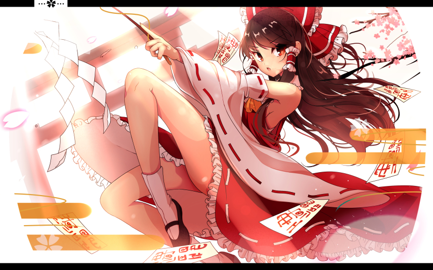 1girl backlighting black_footwear bow breasts brown_hair detached_sleeves female_focus floating_hair frilled_bow frilled_skirt frills full_body hair_bow hair_tubes hakurei_reimu highres holding holding_wand long_hair long_sleeves open_mouth petals red_bow red_eyes red_ribbon red_shirt red_skirt ribbon ribbon-trimmed_skirt ribbon-trimmed_sleeves ribbon_trim shirt sideboob skirt sleeveless sleeveless_shirt small_breasts socks solo swept_bangs torii touhou very_long_hair wand weizhi white_sleeves white_socks wide_sleeves