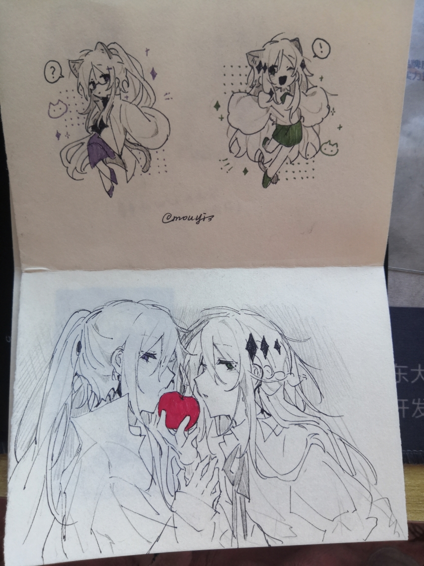 ! 16personalities 2girls ? absurdres animal_ears cat_ears cat_tail full_body green_eyes green_footwear green_skirt greyscale highres logician_(16personalities) long_hair mediator_(16personalities) monochrome mouyimouyi multiple_girls multiple_views one_eye_closed open_mouth ponytail purple_footwear purple_skirt shirt shoes simple_background skirt sleeves_past_fingers sleeves_past_wrists smile sparkle speech_bubble spot_color tail traditional_media very_long_hair