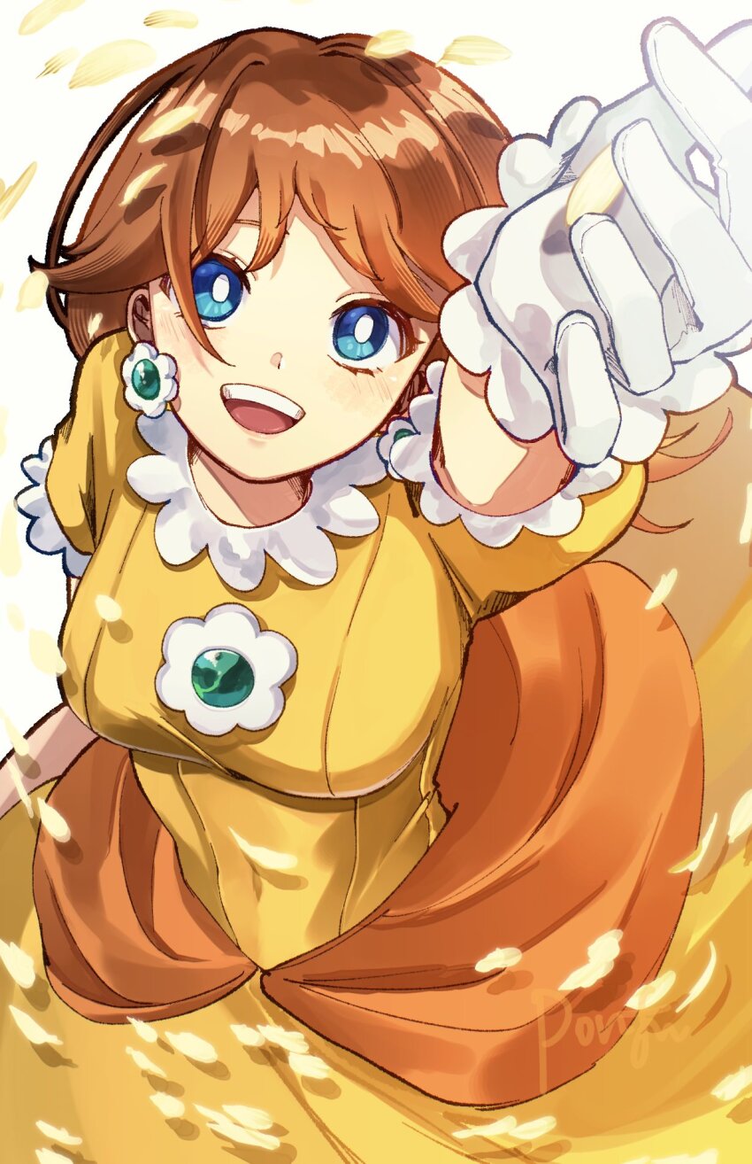 1girl blue_eyes breasts brooch brown_hair dress earrings flower_brooch flower_earrings gloves highres jewelry long_hair looking_at_viewer mario_(series) nintendo open_mouth orange_dress ponfu_y princess princess_daisy puffy_sleeves short_sleeves smile solo teeth white_gloves yellow_dress