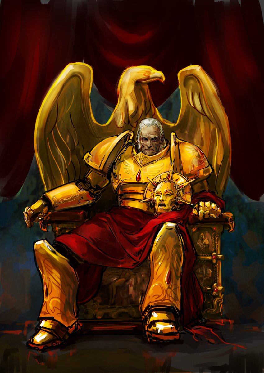 1boy absurdres adeptus_astartes armor armored_boots bird blood_angels blood_ruby_(warhammer) boots breastplate cape closed_mouth commentary couter cuirass dante_(warhammer_40k) death_mask death_mask_of_sanguinius eagle english_commentary engraved engraved_armor exhausted full_armor full_body gauntlets gem gold_armor gold_throne greaves grey_eyes grey_hair helmet helmet_in_lap highres leg_armor long_hair mammona old old_man ornate_armor pauldrons pelvic_curtain poleyn power_armor red_cape red_curtains red_gemstone rerebrace scowl shoulder_armor sitting solo teardrop teardrop-shaped_gem throne unworn_headwear unworn_helmet warhammer_40k wrinkled_skin yellow_armor
