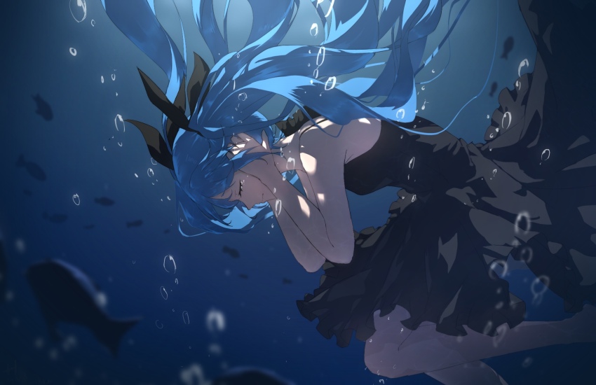 1girl black_dress blue_hair breasts closed_eyes closed_mouth covering_own_ears dress fish hatsune_miku highres hsyenemy long_hair medium_breasts shinkai_shoujo_(vocaloid) sleeveless sleeveless_dress solo underwater very_long_hair vocaloid