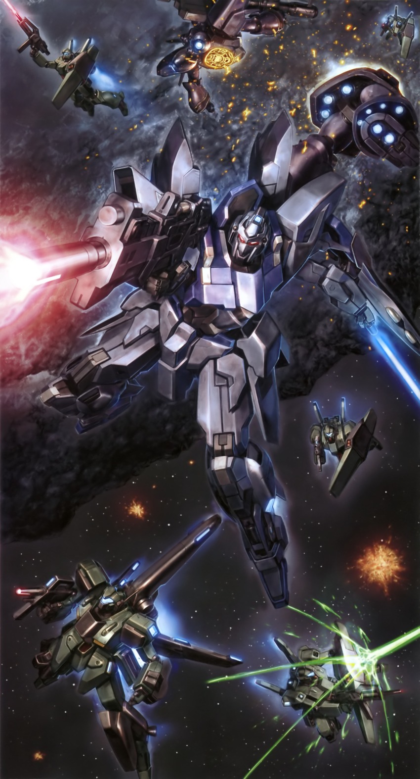 absurdres battle beam_rifle delta_plus dreissen energy_gun explosion gun gundam gundam_unicorn highres jegan mecha mecha_focus robot shield space stark_jegan weapon