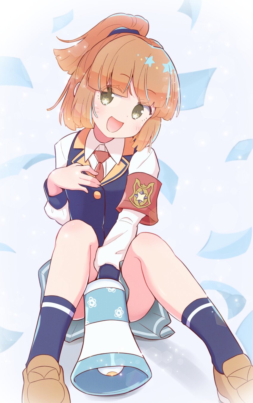 1girl :d absurdres arle_nadja brown_shoes highres jazz_grace looking_at_viewer madou_monogatari open_mouth orange_hair ponytail puyopuyo puyopuyo_quest shoes sitting smile socks solo striped_background