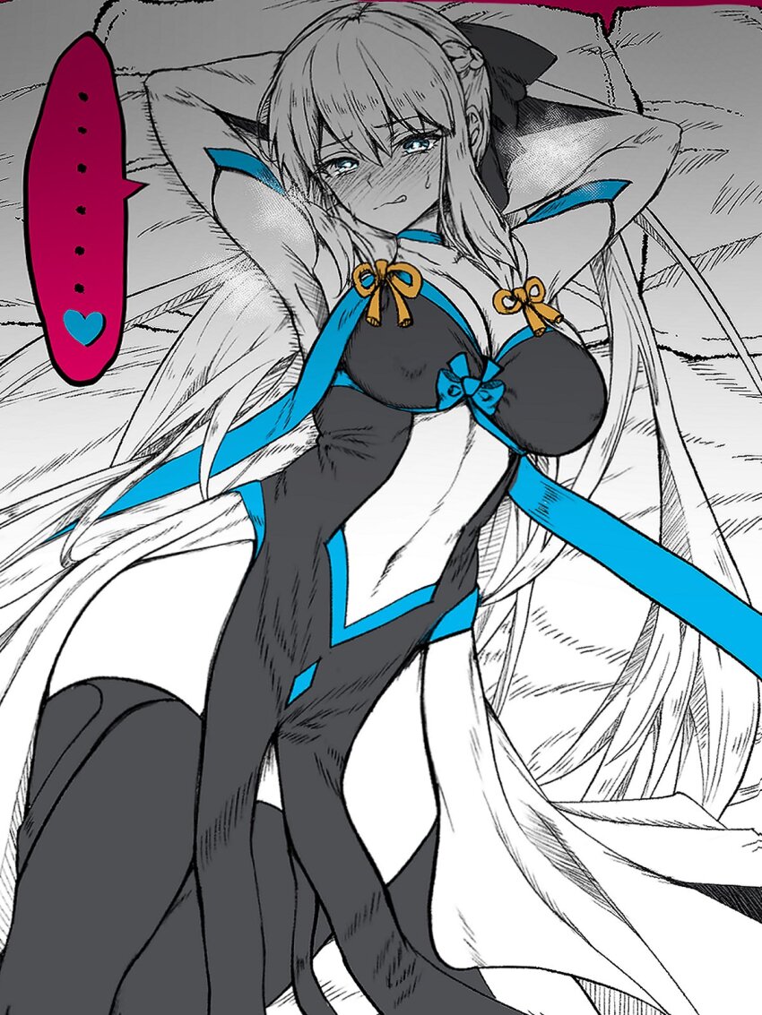 1girl black_dress blue_eyes blush breasts cleavage clothing_cutout covered_erect_nipples dress fate/grand_order fate_(series) highres licking_lips long_hair looking_at_viewer morgan_le_fay_(fate) morgan_le_fay_(second_ascension)_(fate) navel navel_cutout on_bed partially_colored satou_nui solo speech_bubble thighhighs tongue tongue_out