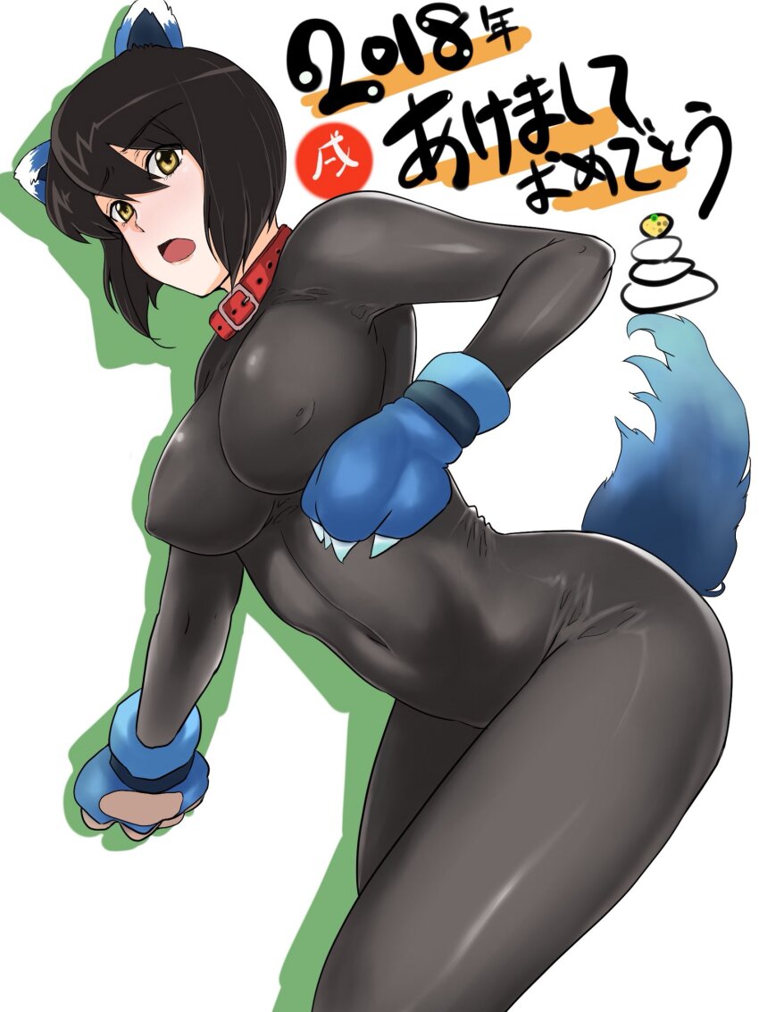 1girl animal_ears animal_hands black_bodysuit black_hair bob_cut bodysuit breasts brown_eyes chloe_valens cholesenel collar covered_erect_nipples fake_animal_ears fake_tail highres large_breasts looking_at_viewer open_mouth short_hair simple_background skin_tight smile solo tail tales_of_(series) tales_of_legendia very_short_hair white_background yellow_eyes