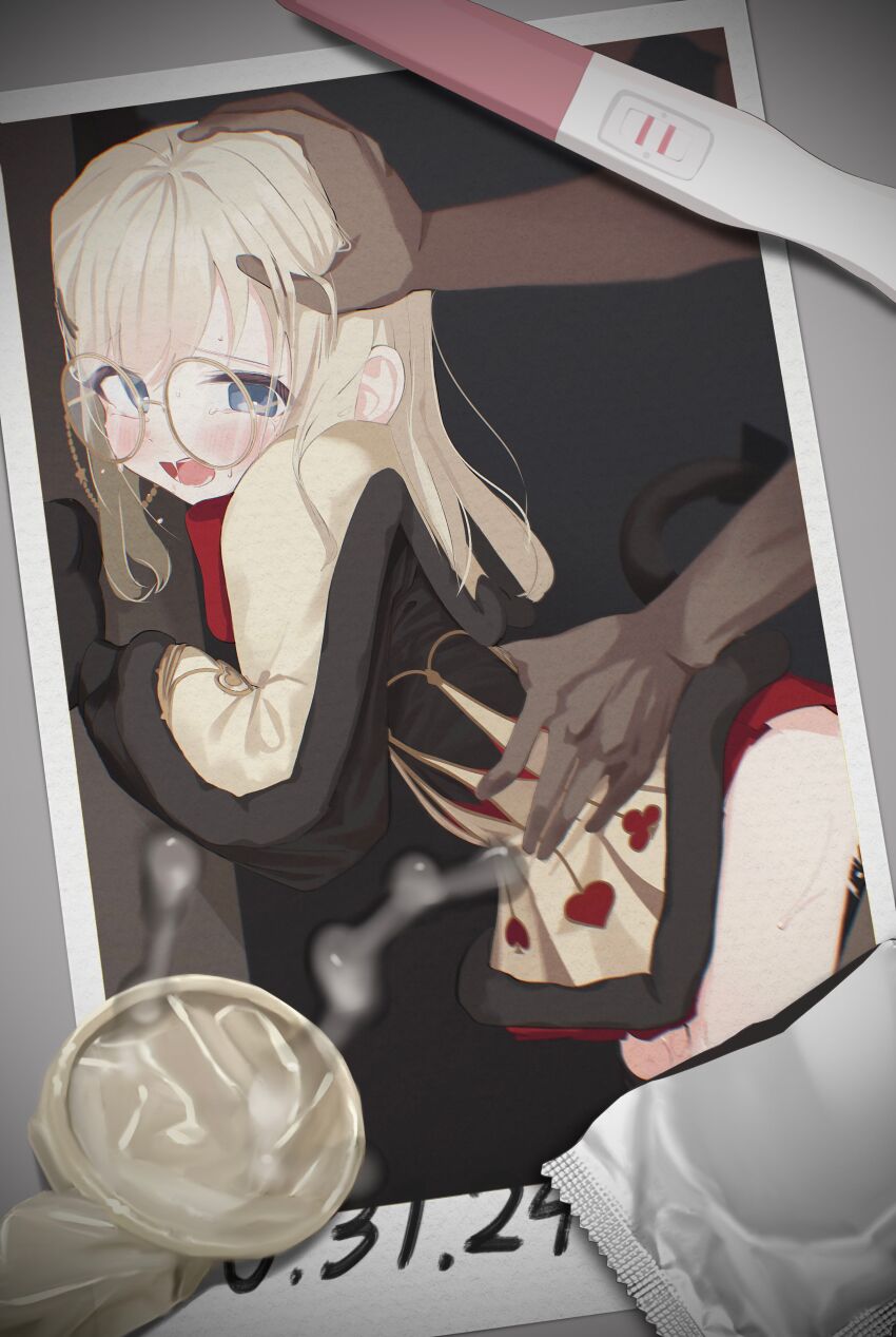 1girl absurdres against_wall animal_hands artist_request black_dress black_tail blonde_hair blue_eyes blush bow bowtie capelet cat_tail club_(shape) commentary_request commission condom condom_wrapper copyright_request cum dark-skinned_male dark_skin dated dress eyewear_strap from_behind fur-trimmed_capelet fur-trimmed_dress fur_trim furrowed_brow glasses gloves hair_ornament hand_on_another&#039;s_head heart highres korean_commentary long_hair long_sleeves open_mouth paw_gloves playing_card_print playing_card_theme polaroid_photo pregnancy_test red_bow red_bowtie red_skirt round_eyewear saliva second-party_source sex shai_(black_desert) skirt spade_(shape) sweat tail tail_bow tail_ornament used_condom white_capelet x_hair_ornament yellow-framed_eyewear