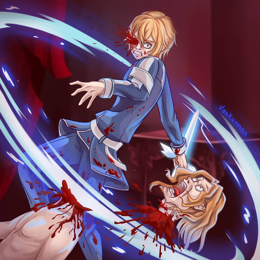 2boys absurdres academy angry blood commission death decapitation dying eugeo explode fantasy flower furious glowing guro head highres holding mastery multiple_boys raios_antinous rose school second-party_source severed sword sword_art_online sword_art_online:_alicization vankusman weapon