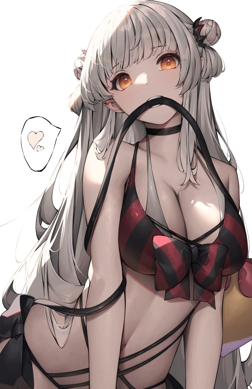 1girl absurdres aoi_gorilla bikini black_bikini black_horns breasts cleavage commentary_request demon_girl demon_horns demon_tail double_bun grey_hair hair_bun heart highres horns indie_virtual_youtuber large_breasts long_hair looking_at_viewer navel open_mouth orange_eyes pointy_ears simple_background solo spoken_heart suou_patra swimsuit tail upper_body virtual_youtuber white_background