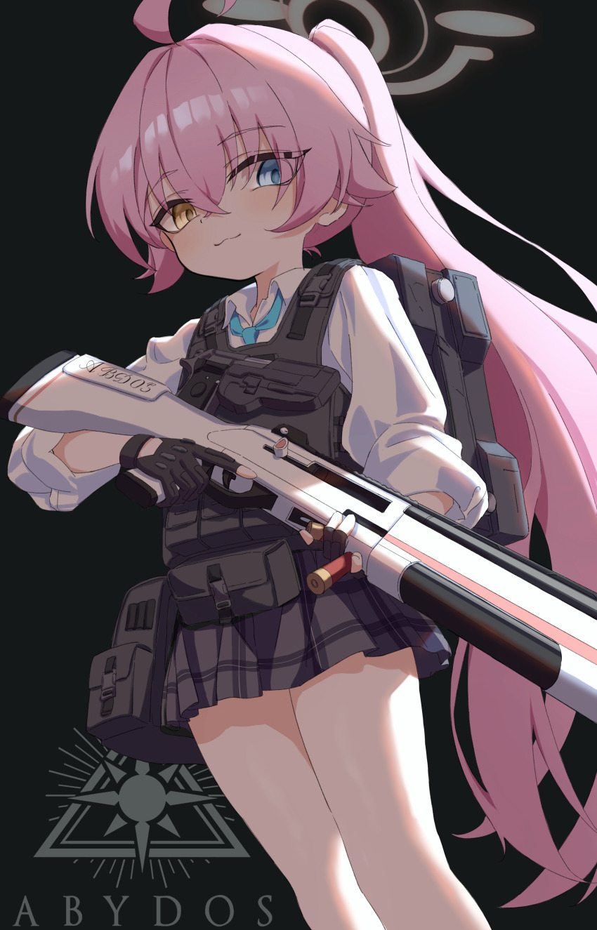 1girl :3 absurdres abydos_high_school_logo ahoge ammunition_pouch backlighting black_background black_skirt blue_archive blue_eyes blue_necktie bulletproof_vest chinese_commentary closed_mouth commentary_request cowboy_shot dutch_angle eyes_visible_through_hair from_below gun hair_between_eyes halo heterochromia highres holding holding_gun holding_weapon hoshino_(armed)_(blue_archive) hoshino_(blue_archive) long_hair long_sleeves miniskirt necktie official_alternate_costume official_alternate_hairstyle pink_hair plaid_clothes plaid_skirt pleated_skirt ponytail pouch school_uniform shirt simple_background skirt smile soap_bubbles solo standing tactical_school_uniform tsurime very_long_hair weapon white_shirt yellow_eyes yyfuu