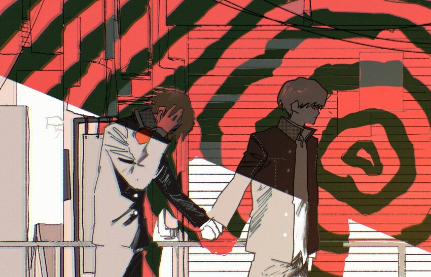 2boys brown_jacket from_side garage goguma_wagamja hanamura_yousuke hand_on_own_head headphones headphones_around_neck highres holding_hands houndstooth jacket male_focus multiple_boys narukami_yu outdoors persona persona_4 school_uniform short_hair spiral surreal very_short_hair walking yasogami_school_uniform