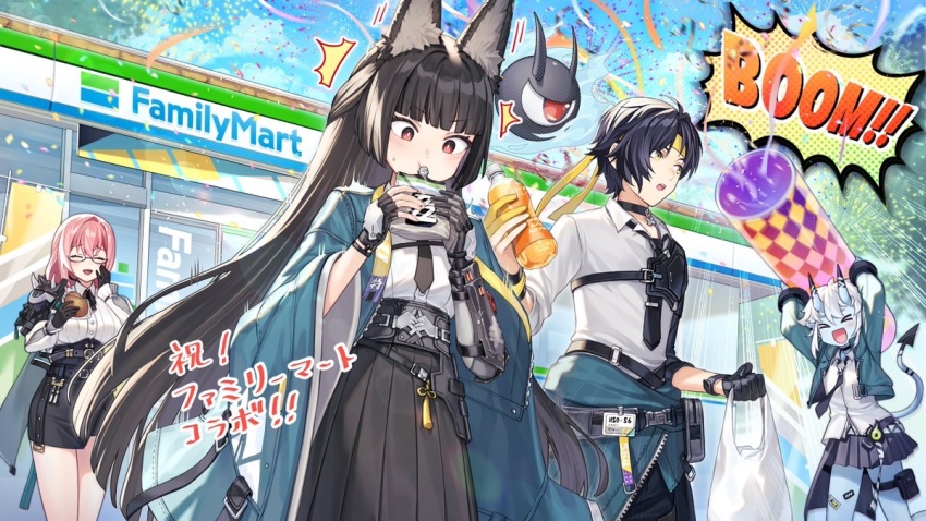 &gt;_&lt; 1boy 3girls animal_ears asaba_harumasa bag black_hair blue_skin blue_sky blunt_bangs bottle breasts building closed_eyes cloud collared_shirt colored_skin convenience_store day familymart glasses headband holding horns hoshimi_miyabi long_hair multiple_girls necktie open_mouth outdoors pink_hair plastic_bag red_eyes shirt shop skirt sky soukaku_(zenless_zone_zero) streamers tail tsukishiro_yanagi tsunakawa very_long_hair white_hair wide_sleeves zenless_zone_zero