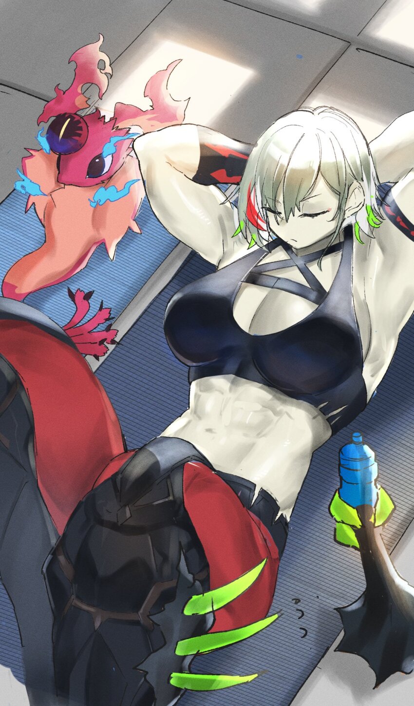 1girl abs armpits arms_behind_head biceps breasts cleavage diabellstar_the_black_witch dougaku_(passionpit777) duel_monster exercising green_hair grey_hair gym gym_uniform highres large_breasts mat medium_hair multicolored_hair muscular muscular_female navel obliques pale_skin pants pantyhose red_pantyhose simple_background sit-up snake-eyes_poplar solo sports_bra stomach sweat thick_thighs thighs toned training yoga_mat yoga_pants yu-gi-oh!