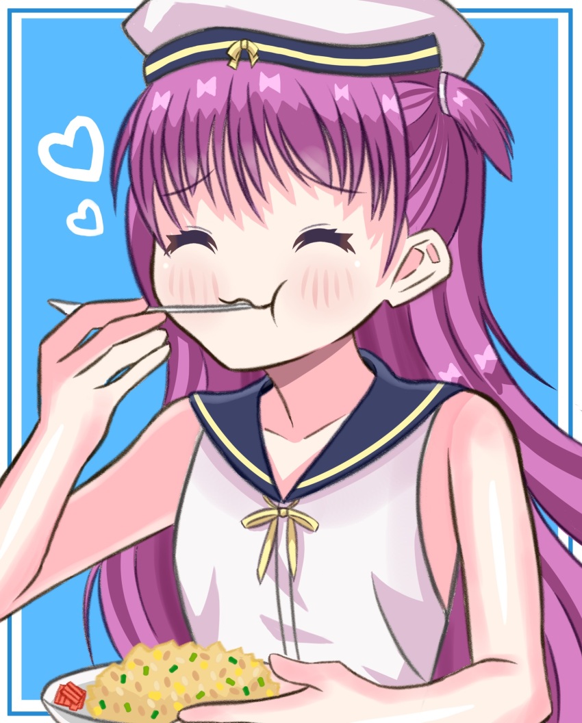 1girl :t ^_^ blue_background blue_sailor_collar blush border closed_eyes closed_mouth commentary dress eating food fried_rice hair_between_eyes hand_up happy hat heart highres holding holding_food katou_umi long_hair outside_border pink_hair sailor_collar sailor_dress sailor_hat shake_(pixiv_75845198) simple_background sleeveless sleeveless_dress solo summer_pockets two_side_up utensil_in_mouth very_long_hair wavy_mouth white_border white_dress white_hat