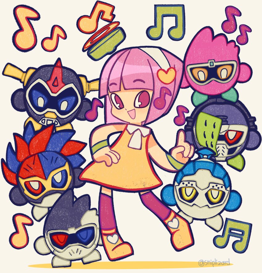 1girl 2025 20s 6+boys absurdres action_gamer_level_2 adk-em artist_name bandai bandai_namco bicycle bike_gamer_level_0 blue_eyes bugster_virus chibi dress fighting_game hair_ornament heart heart_hair_ornament highres ishimori_prod kamen_rider kamen_rider_brave kamen_rider_ex-aid kamen_rider_ex-aid_(series) kamen_rider_genm kamen_rider_lazer kamen_rider_lazer_turbo kamen_rider_para-dx kamen_rider_snipe multiple_boys musical_note orange_eyes perfect_knockout_gamer_level_99 pink_eyes poppi_pipopapo puzzle quest_gamer_level_2 red_eyes rocket_launcher rpg shooting_gamer_level_2 sniplizard tagme toei_company tokusatsu tv_asahi video_game virus weapon white_background yellow_dress yellow_eyes zombie zombie_gamer_level_x