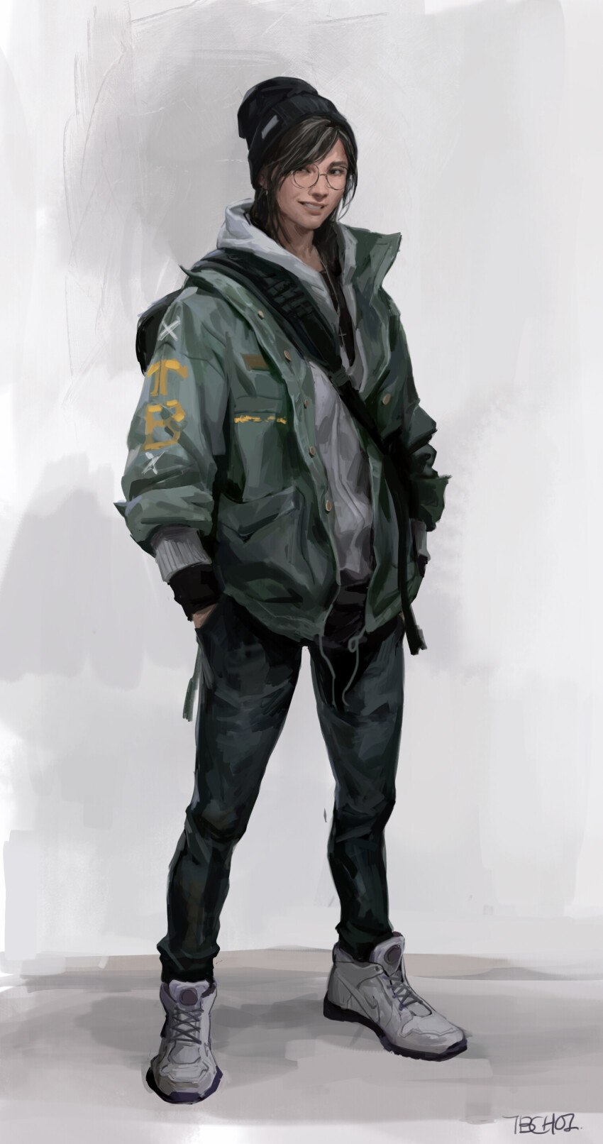 absurdres beanie black_hair denim dokkaebi_(rainbow_six_siege) fanny_pack full_body glasses green_jacket hat highres hood hoodie jacket jeans multicolored_hair non-web_source open_clothes open_jacket pants rainbow_six_siege realistic round_eyewear shoes streaked_hair tb_choi12 two-tone_hair white_shoes
