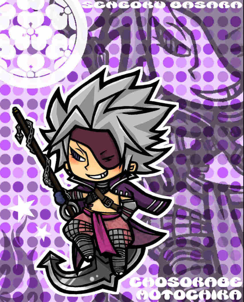 1boy anchor character_name chibi chibi_only chousokabe_motochika_(sengoku_basara) copyright_name full_body grey_hair grin hate0318 highres holding holding_anchor jacket jacket_on_shoulders looking_to_the_side male_focus no_shirt outline pants pink_pants polka_dot polka_dot_background purple_eyes purple_jacket sengoku_basara short_hair smile solo spiked_hair white_outline zoom_layer