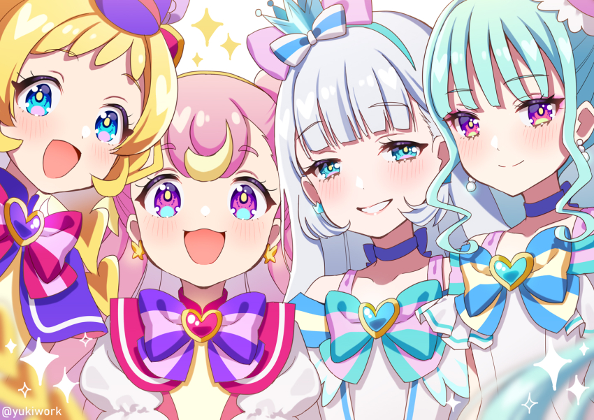 4girls aqua_bow aqua_bowtie aqua_hair aqua_hairband blonde_hair blue_bow blue_bowtie blue_choker blue_crown blue_eyes blunt_bangs bow bowtie brooch choker closed_mouth commentary crown crown_earrings cure_friendy cure_lillian cure_nyammy cure_wonderful dress earrings grey_hair grin hair_bow hairband half-closed_eyes hat heart heart_brooch inukai_iroha inukai_komugi jewelry long_hair looking_at_viewer magical_girl mini_crown multicolored_eyes multicolored_hair multiple_girls nekoyashiki_mayu nekoyashiki_yuki open_mouth pink_bow pink_hair precure puffy_short_sleeves puffy_sleeves purple_bow purple_bowtie purple_eyes purple_hat red_bow red_bowtie red_dress short_sleeves side-by-side smile sparkle straight_hair twitter_username two-tone_hair two_side_up white_dress wonderful_precure! yellow_hairband yukinko_(yukiwork)