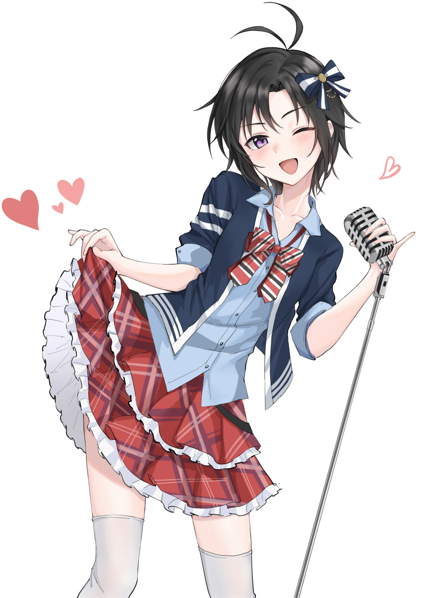 1girl absurdres aburi-gatana antenna_hair black_hair blue_jacket blue_shirt blush bow collared_shirt hair_bow heart highres idolmaster idolmaster_(classic) jacket kikuchi_makoto looking_at_viewer microphone_stand one_eye_closed open_mouth plaid_clothes plaid_skirt purple_eyes red_skirt shirt short_hair simple_background skirt skirt_hold smile solo standing thighhighs white_background white_thighhighs