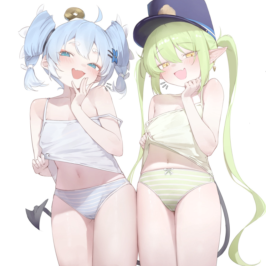 2girls absurdres ahoge blue_archive blue_eyes blue_hair blue_hat blue_panties blush bow bow_panties camisole camisole_lift clothes_lift commentary demon_tail english_commentary fang flower green_camisole green_hair green_panties hair_between_eyes hair_flower hair_ornament hand_up hat highres lifting_own_clothes loli looking_at_viewer medium_hair mesugaki military_hat multiple_girls navel nozomi_(blue_archive) open_mouth panties pointy_ears simple_background skin_fang standing strap_slip tail twintails underwear white_background white_camisole wuthering_waves xaea_xp yellow_eyes youhu_(wuthering_waves)